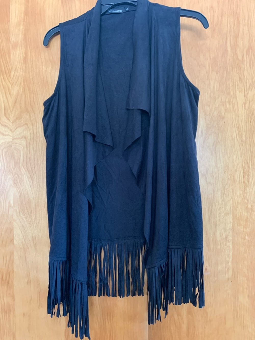 Festival Black Fringe Open-Front Faux Suede Vest Western Bohemian Rodeo Whimsy